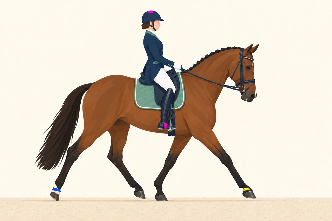 Side view of a horse and rider. A hot pink dot sits on top of the rider's helmet and a pink band around the arch of her boot. A yellow band is on the long pastern of the horse's front leg and a blue band on the long pastern of the trailing hind leg.