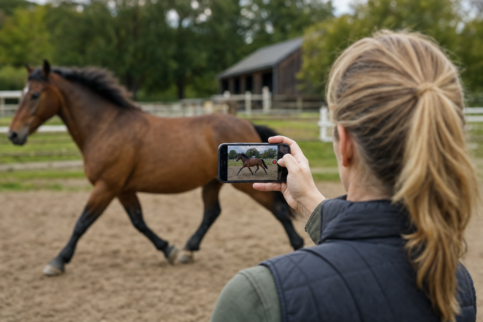 Person filming a trotting horse from the side with a smartphone held at shoulder height