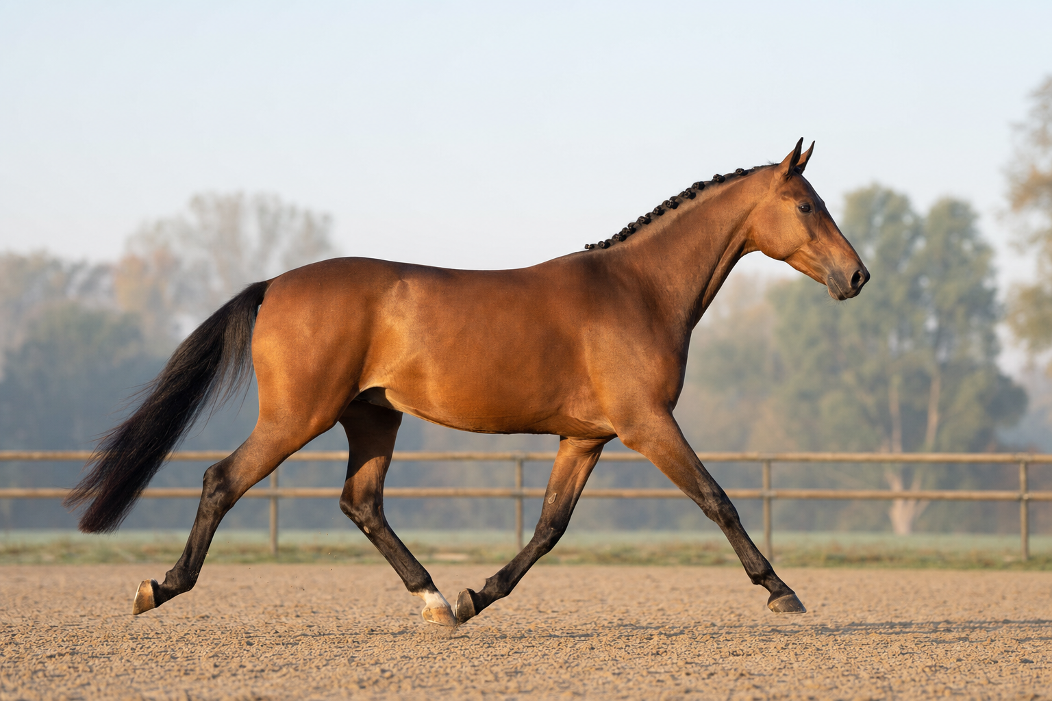 A bay horse trotting in a straight line on a sand arena, photographed directly from the side