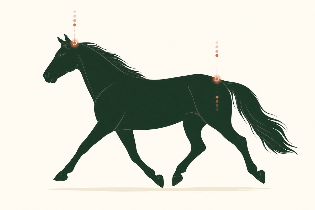Diagram of a trotting horse with the poll and point of the hip marked, showing the vertical bob path of each