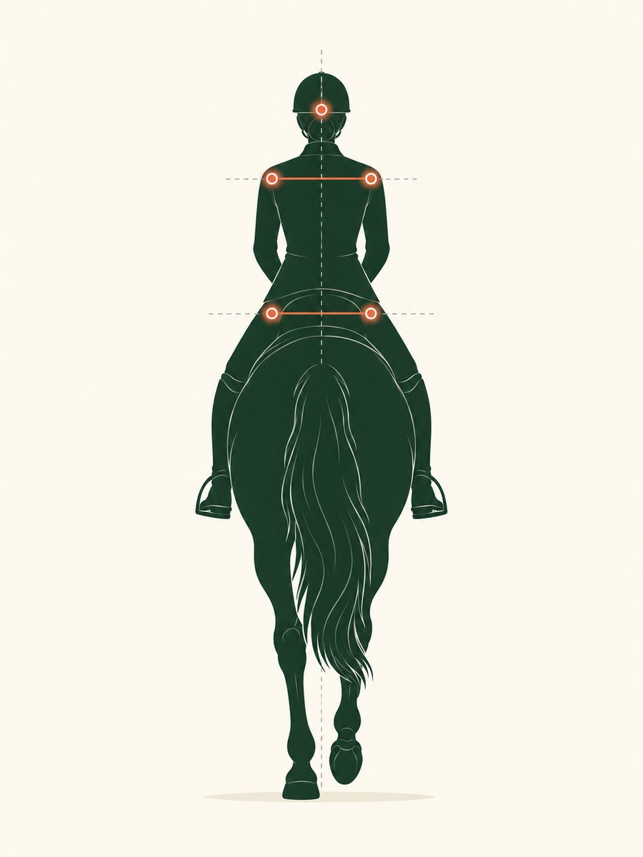 Rear-view diagram of a rider on a horse with markers on the back of the head, both shoulders and both hips, lines across the shoulders and hips with dashed level references, and a dashed vertical center line through the head