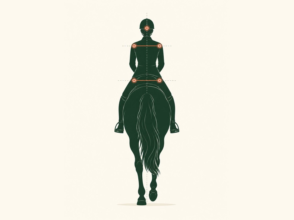 Rear-view diagram of a rider with markers on the head, both shoulders and both hips, with level reference lines and a center line