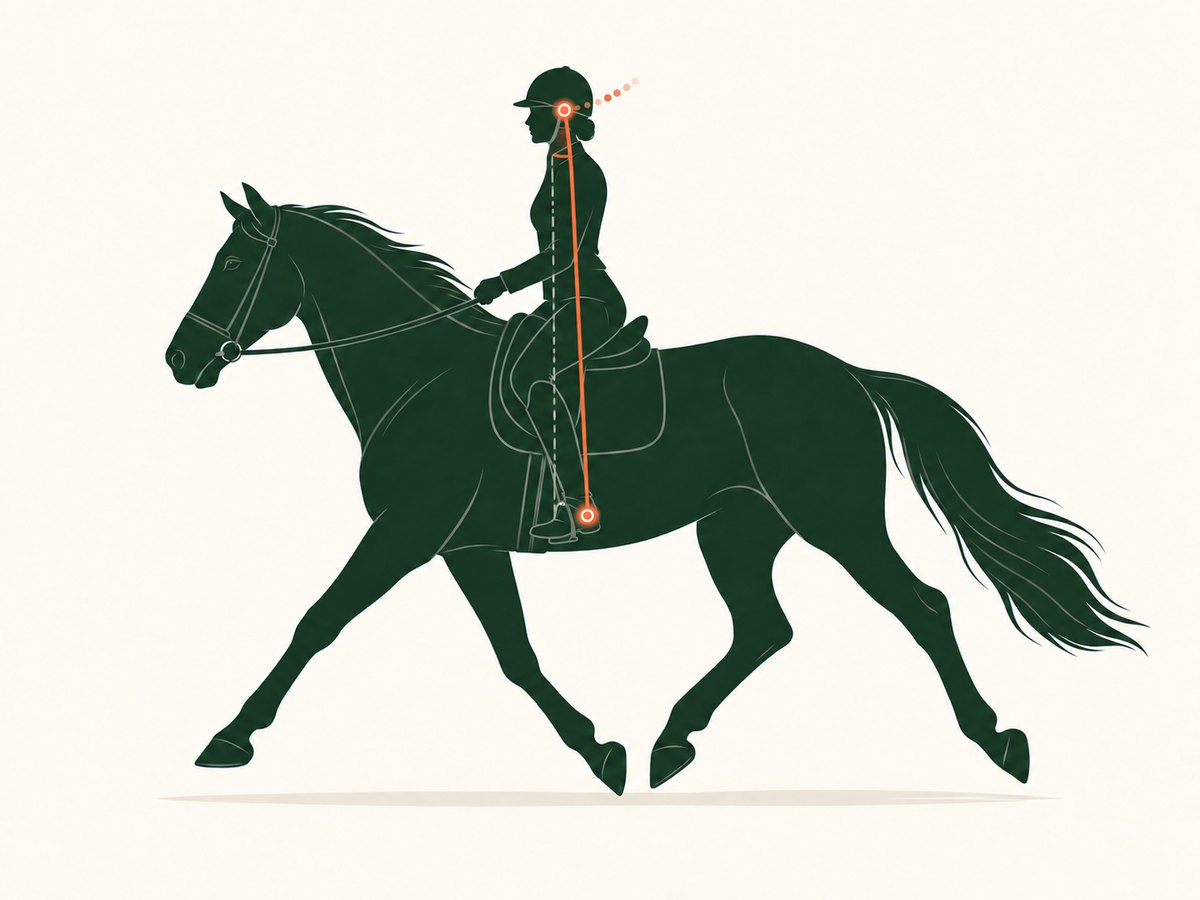 Diagram of a rider at the trot with markers at the ear and boot heel, a straight head-to-heel line, and a dashed vertical reference line