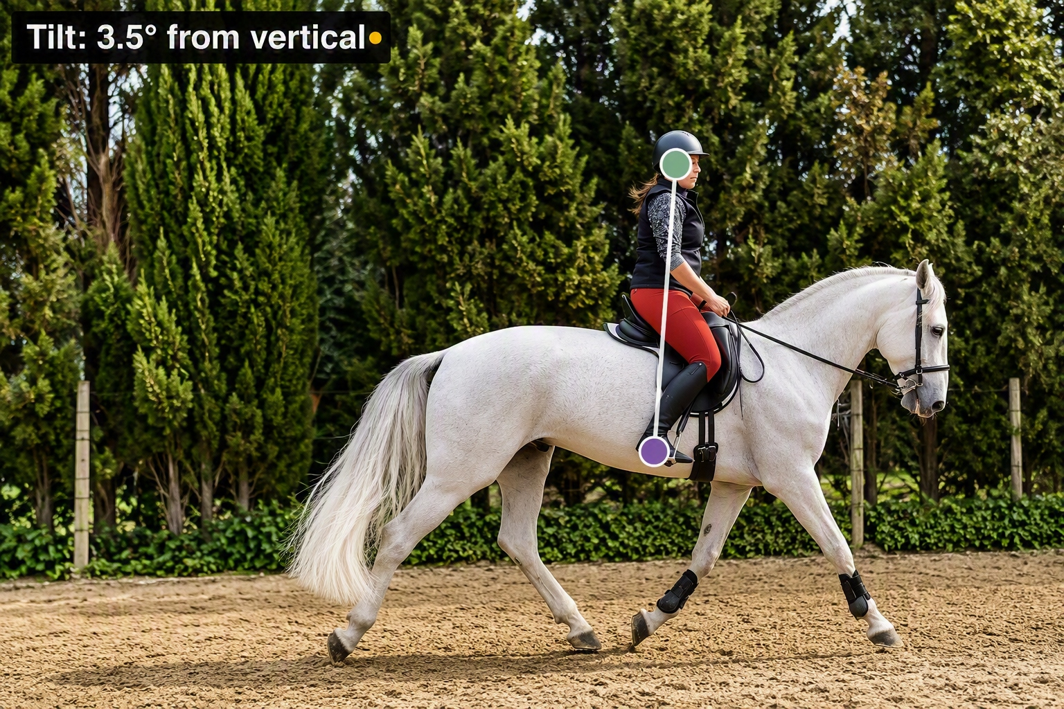 RideAlign rider analysis video screenshot showing a rider on a grey horse at the trot with a tracked posture line and a 3.5 degree tilt-from-vertical reading overlaid on the video