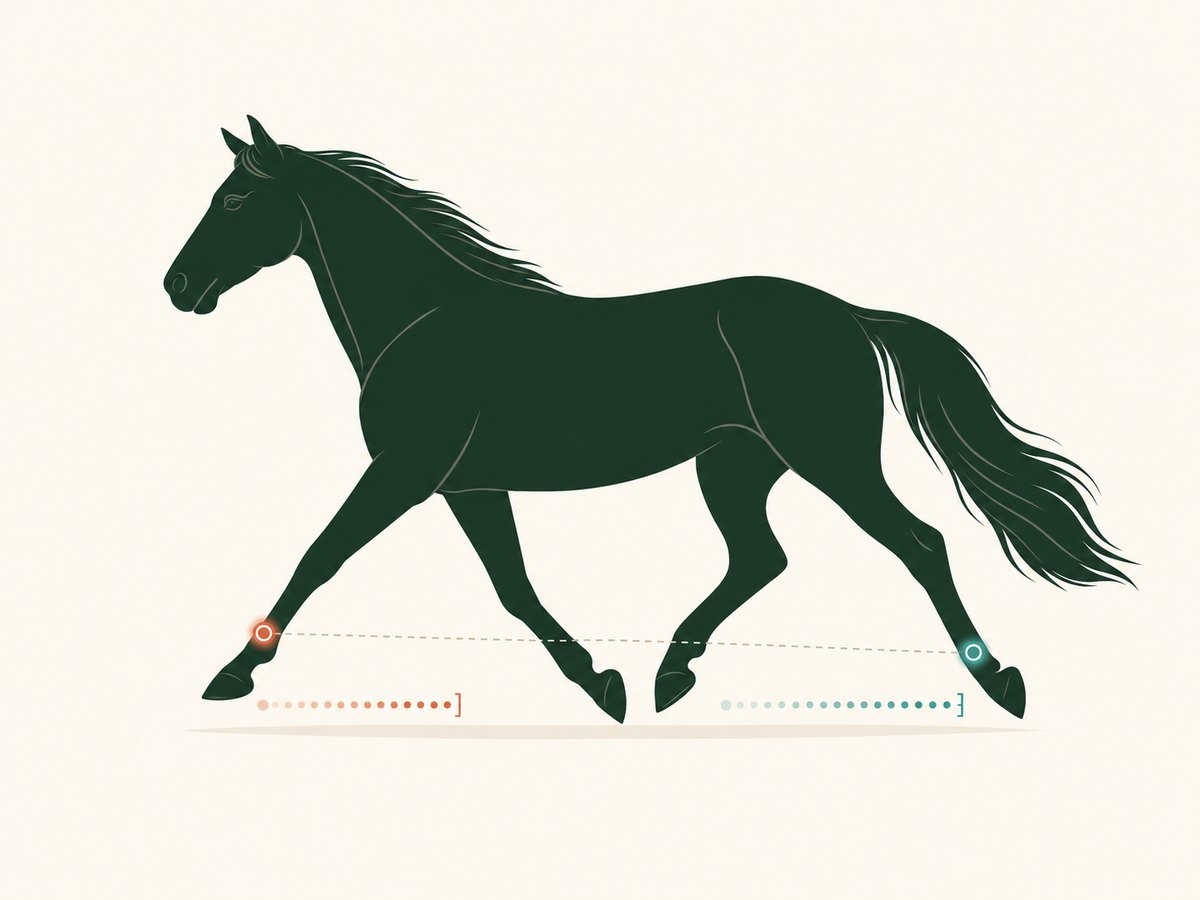 Diagram of a trotting horse with colored bands on the near front and hind pasterns and a dotted track under each leg showing the distance traveled in one stride